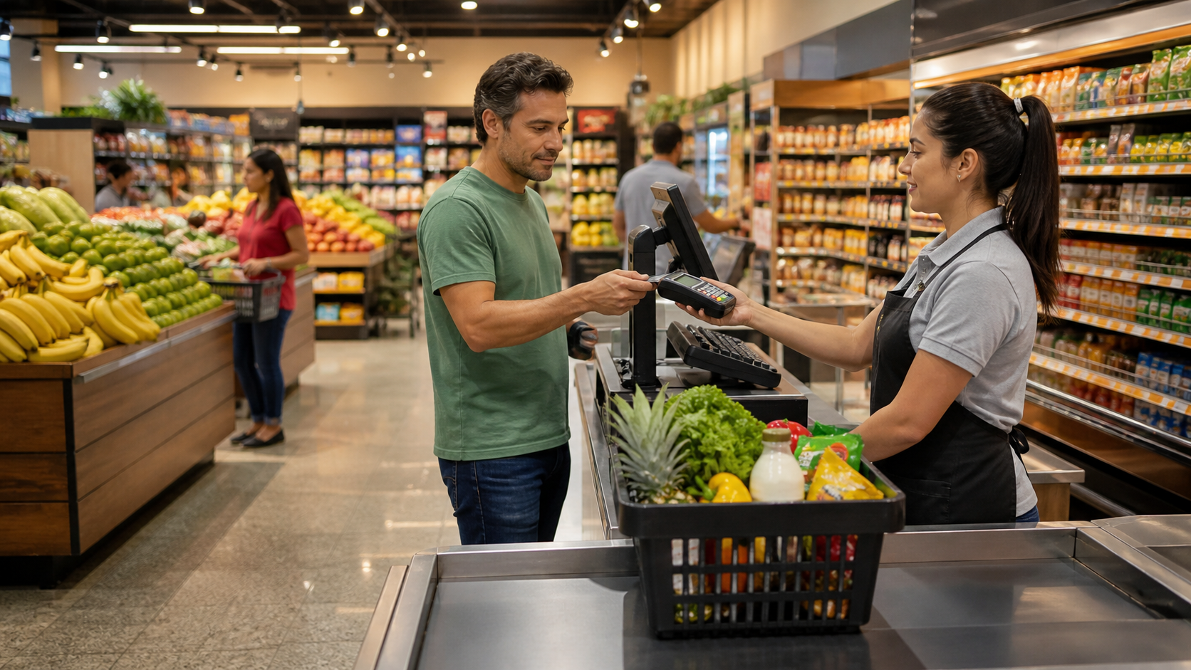 Atendimento de pagamento no caixa de um mercado brasileiro
